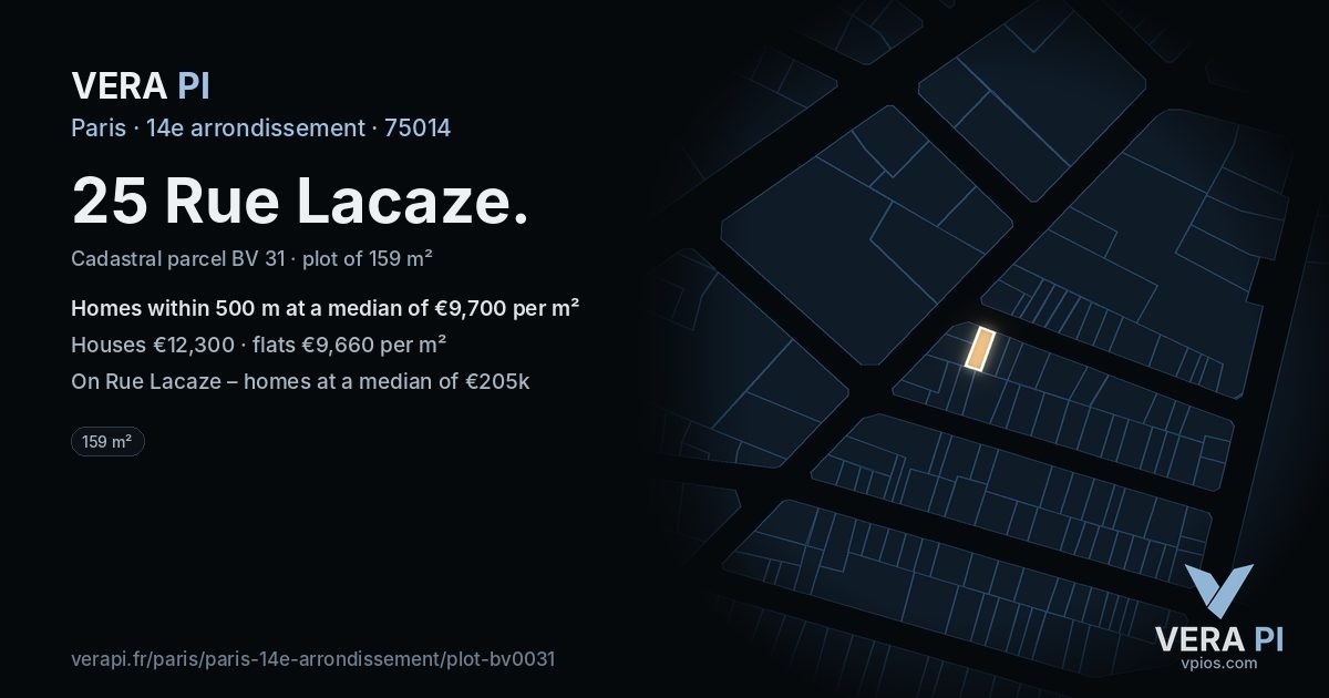 25 Rue Lacaze, 14e arrondissement at night – the plot lit, the parcels around coloured by the prices near them