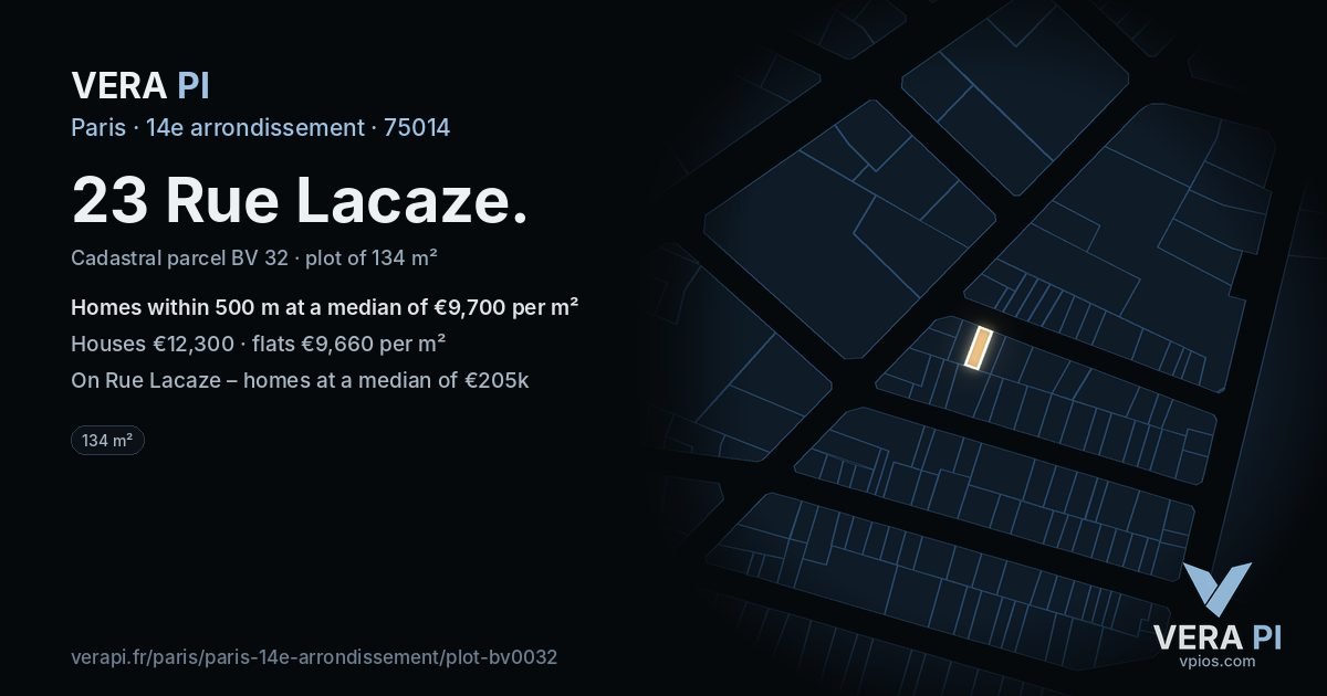 23 Rue Lacaze, 14e arrondissement at night – the plot lit, the parcels around coloured by the prices near them