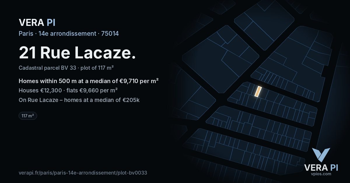21 Rue Lacaze, 14e arrondissement at night – the plot lit, the parcels around coloured by the prices near them