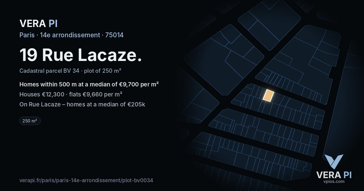 19 Rue Lacaze, 14e arrondissement at night – the plot lit, the parcels around coloured by the prices near them