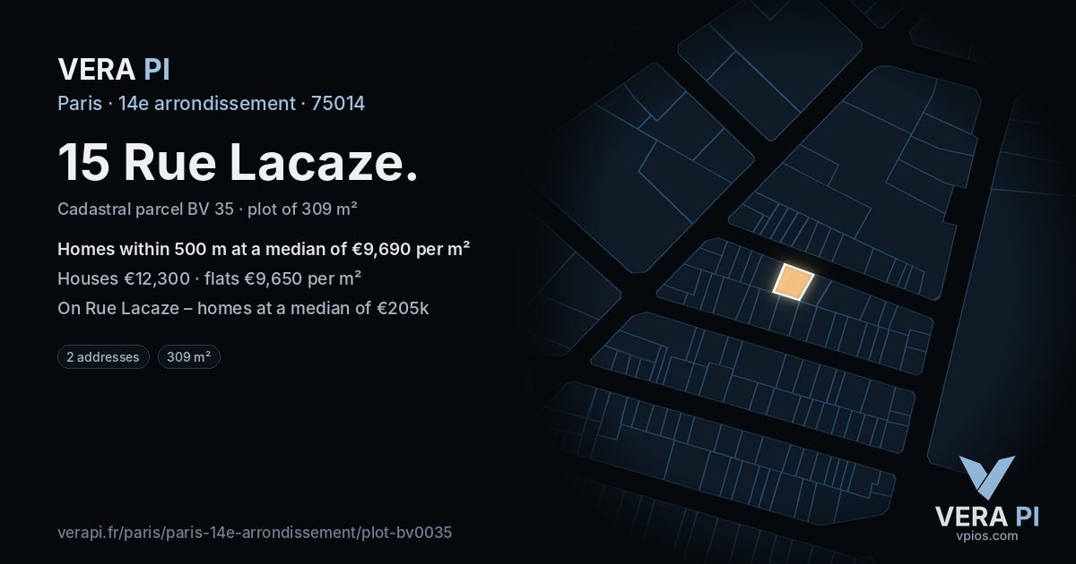 15 Rue Lacaze, 14e arrondissement at night – the plot lit, the parcels around coloured by the prices near them