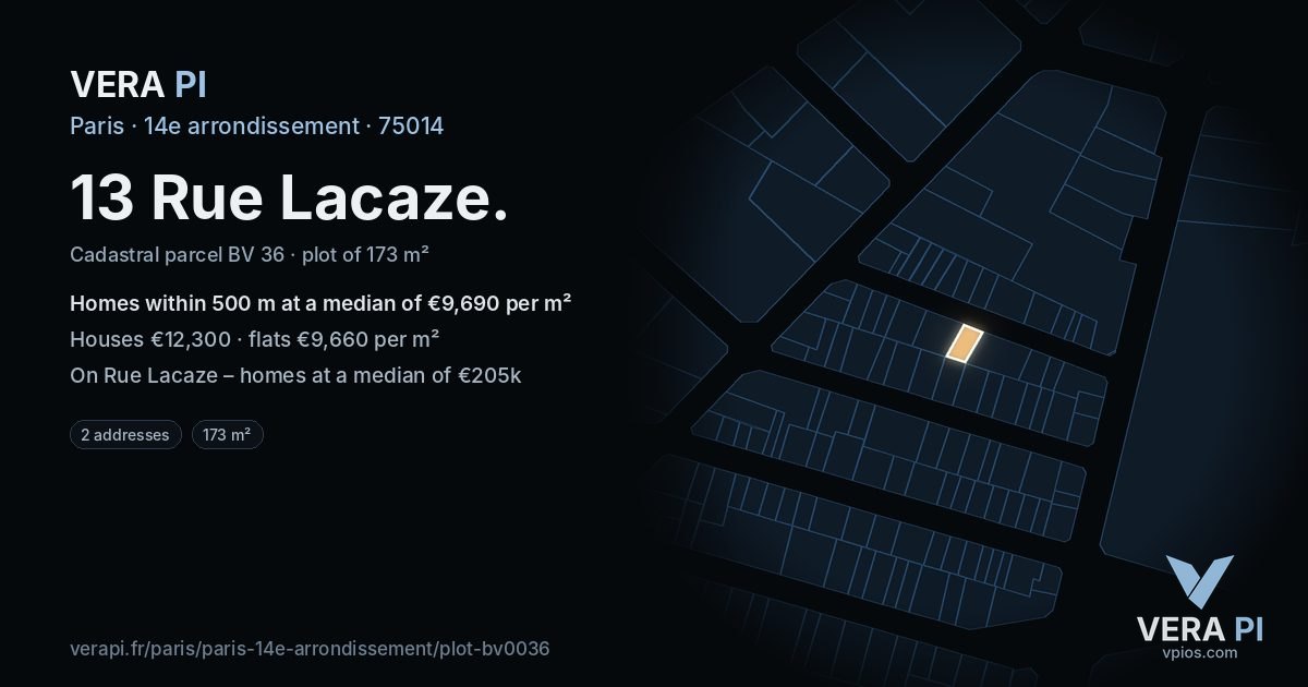 13 Rue Lacaze, 14e arrondissement at night – the plot lit, the parcels around coloured by the prices near them