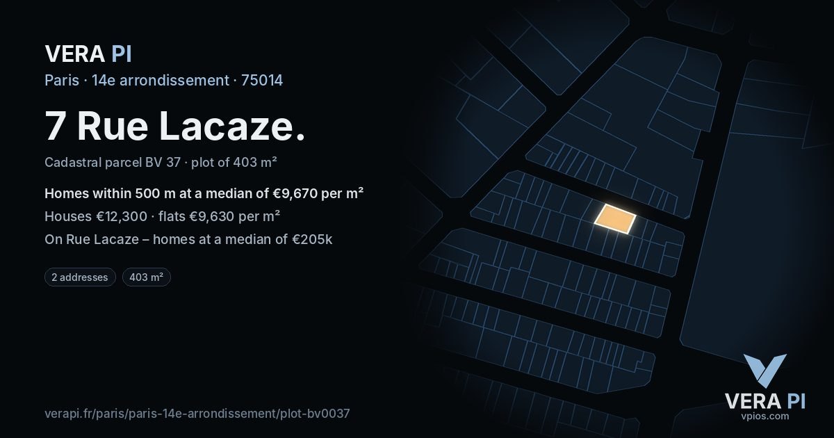 7 Rue Lacaze, 14e arrondissement at night – the plot lit, the parcels around coloured by the prices near them