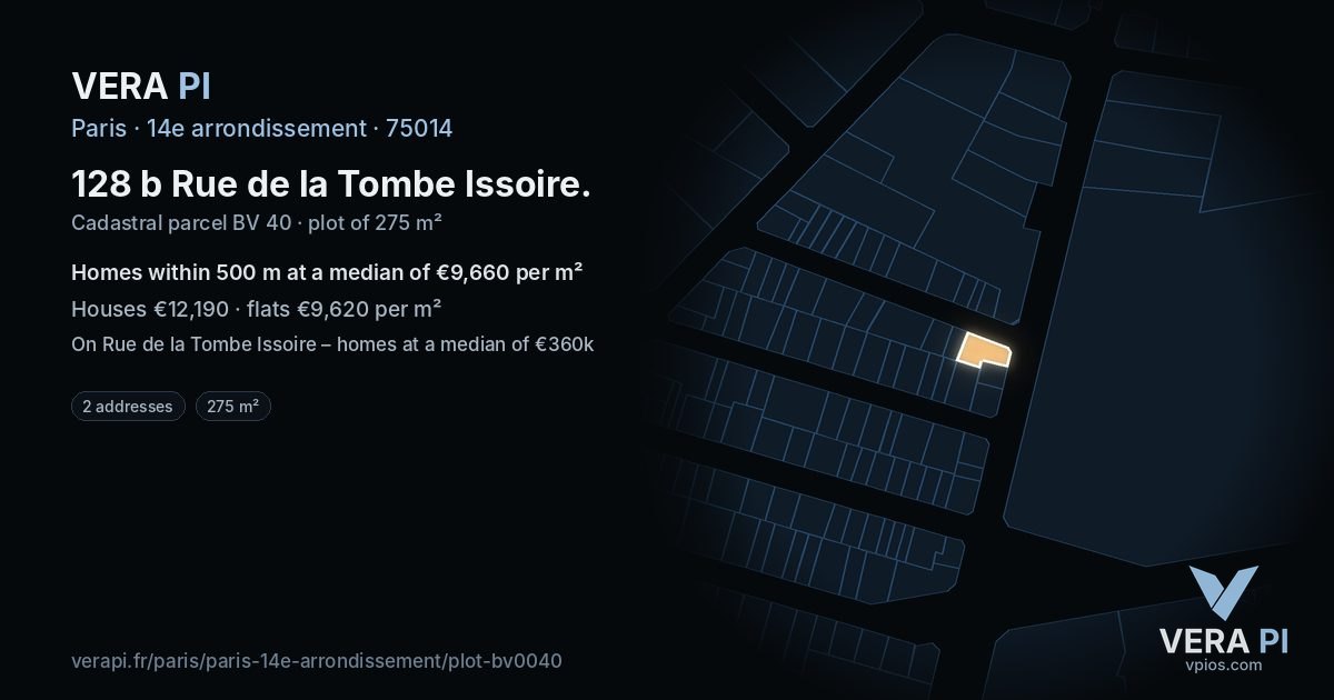 128 b Rue de la Tombe Issoire, 14e arrondissement at night – the plot lit, the parcels around coloured by the prices near them
