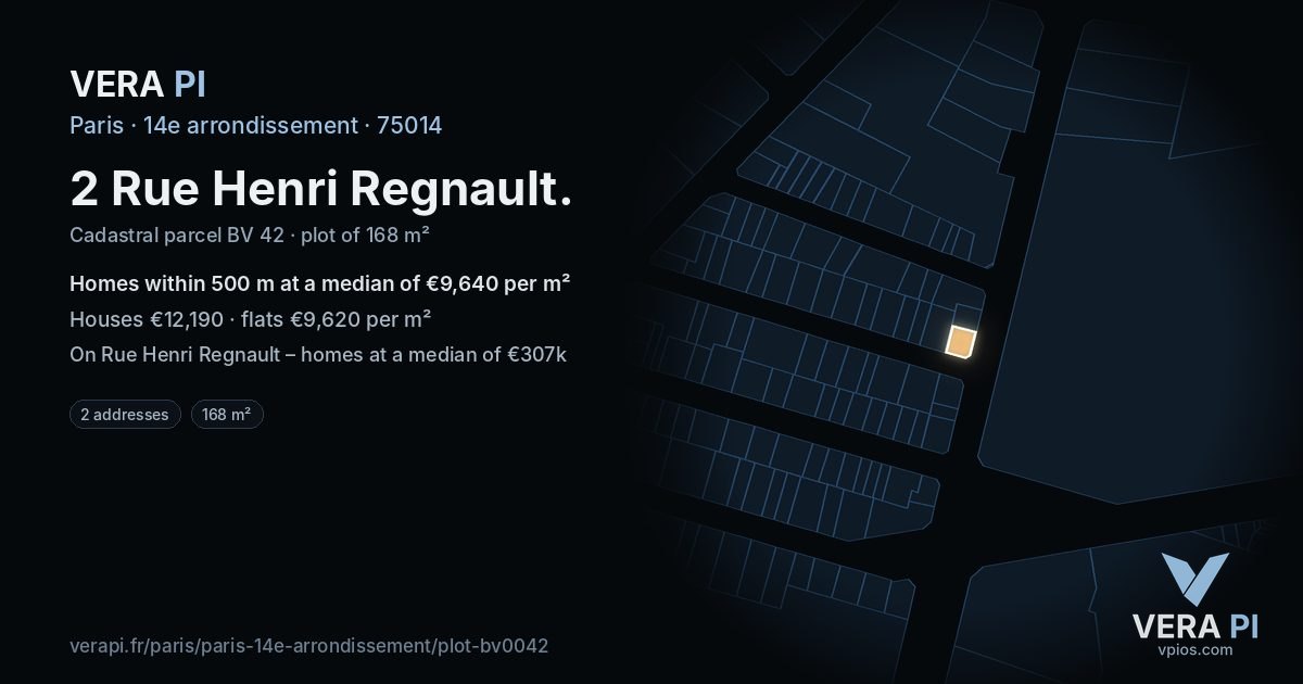 2 Rue Henri Regnault, 14e arrondissement at night – the plot lit, the parcels around coloured by the prices near them
