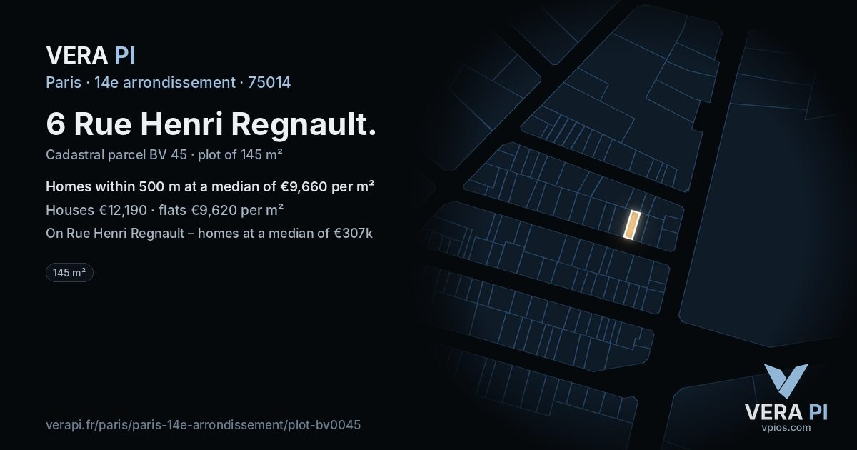 6 Rue Henri Regnault, 14e arrondissement at night – the plot lit, the parcels around coloured by the prices near them