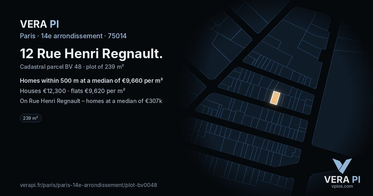 12 Rue Henri Regnault, 14e arrondissement at night – the plot lit, the parcels around coloured by the prices near them