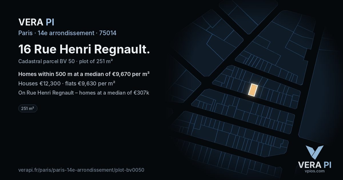 16 Rue Henri Regnault, 14e arrondissement at night – the plot lit, the parcels around coloured by the prices near them