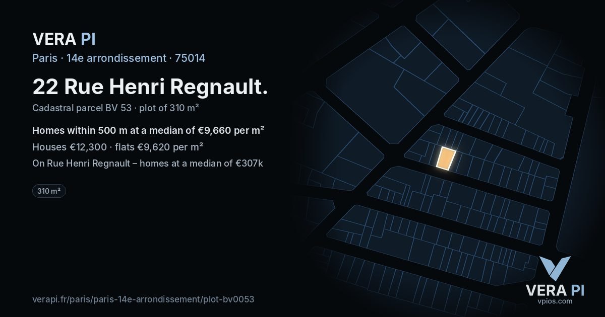 22 Rue Henri Regnault, 14e arrondissement at night – the plot lit, the parcels around coloured by the prices near them