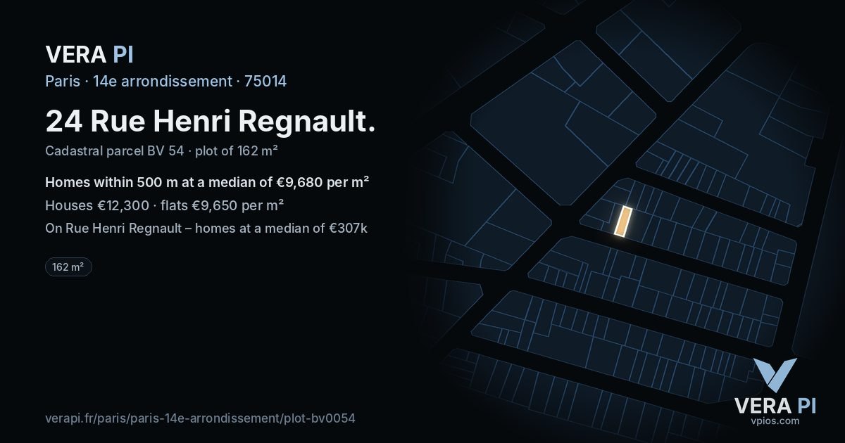 24 Rue Henri Regnault, 14e arrondissement at night – the plot lit, the parcels around coloured by the prices near them
