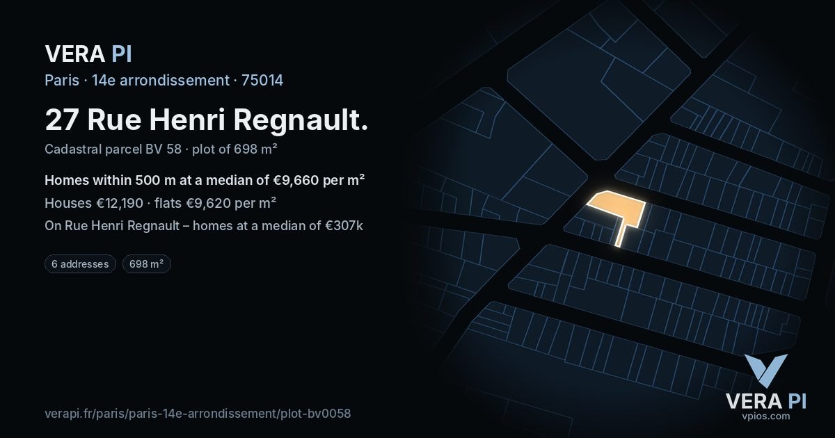 27 Rue Henri Regnault, 14e arrondissement at night – the plot lit, the parcels around coloured by the prices near them