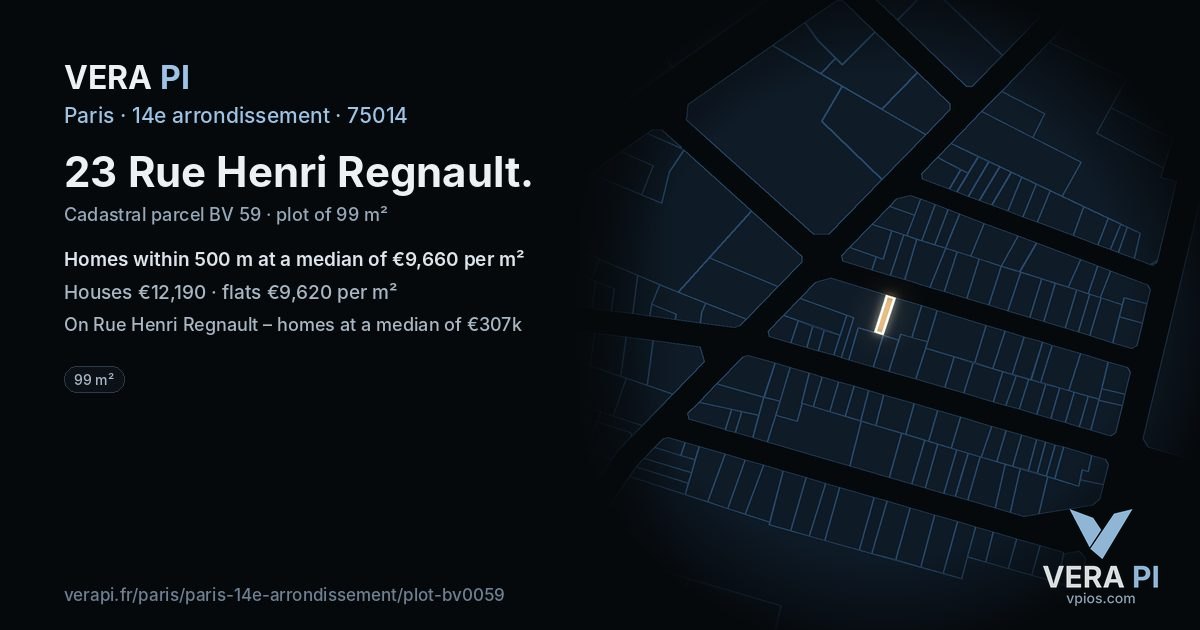 23 Rue Henri Regnault, 14e arrondissement at night – the plot lit, the parcels around coloured by the prices near them