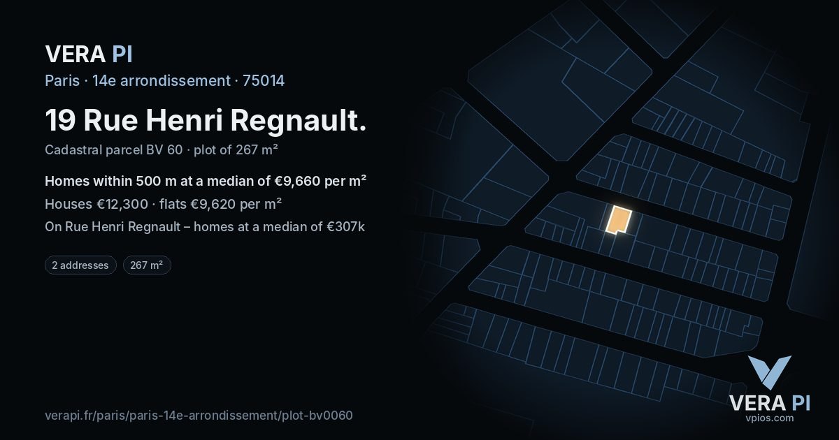 19 Rue Henri Regnault, 14e arrondissement at night – the plot lit, the parcels around coloured by the prices near them