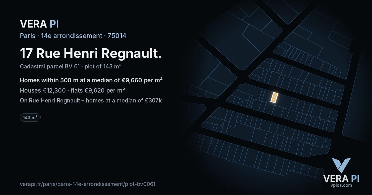 17 Rue Henri Regnault, 14e arrondissement at night – the plot lit, the parcels around coloured by the prices near them