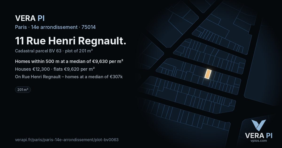 11 Rue Henri Regnault, 14e arrondissement at night – the plot lit, the parcels around coloured by the prices near them
