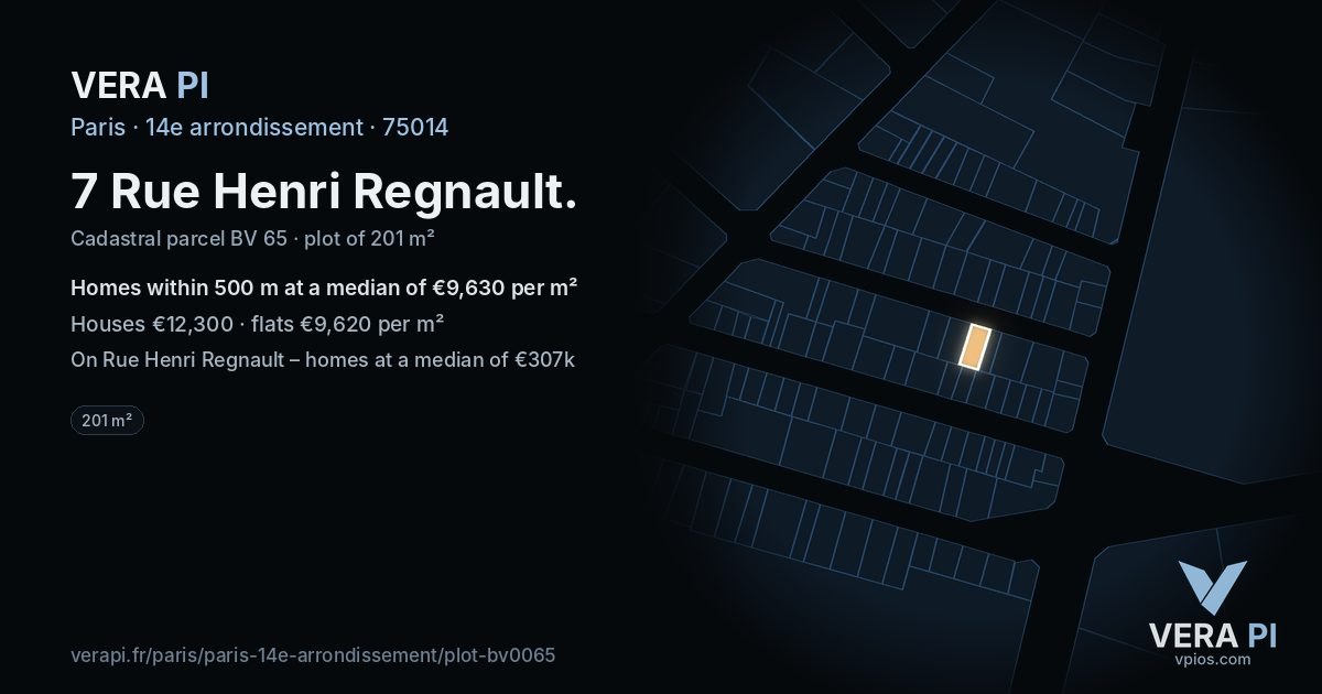 7 Rue Henri Regnault, 14e arrondissement at night – the plot lit, the parcels around coloured by the prices near them