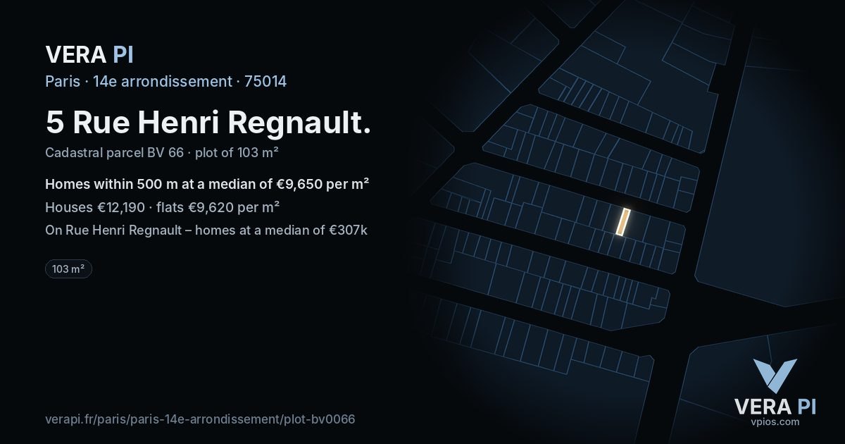 5 Rue Henri Regnault, 14e arrondissement at night – the plot lit, the parcels around coloured by the prices near them