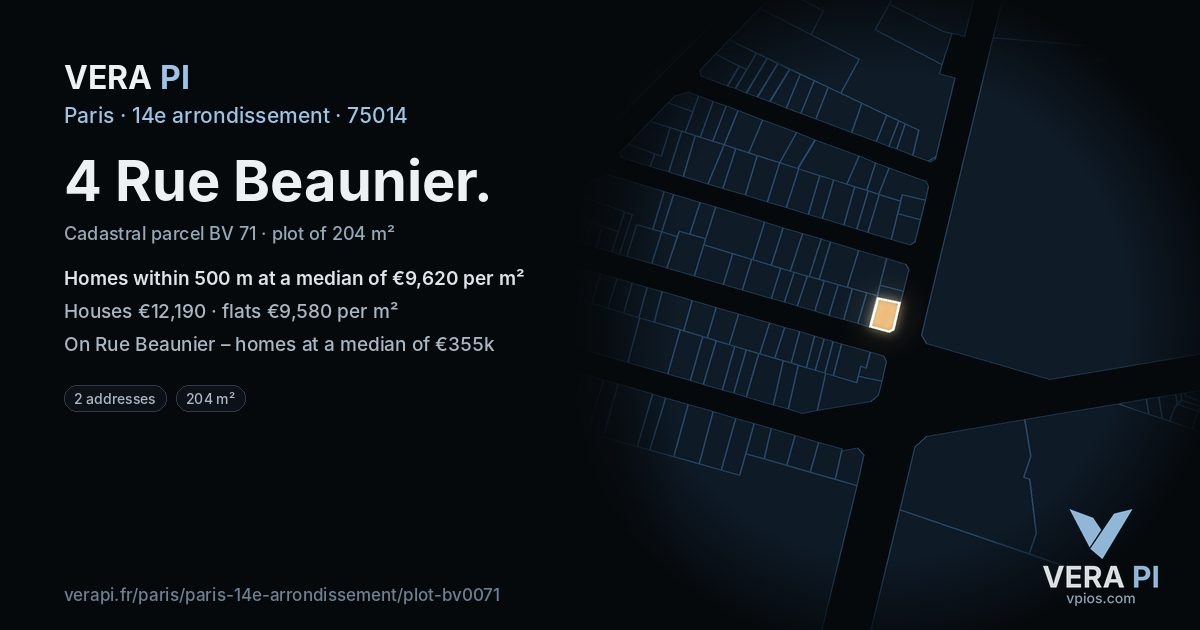 4 Rue Beaunier, 14e arrondissement at night – the plot lit, the parcels around coloured by the prices near them