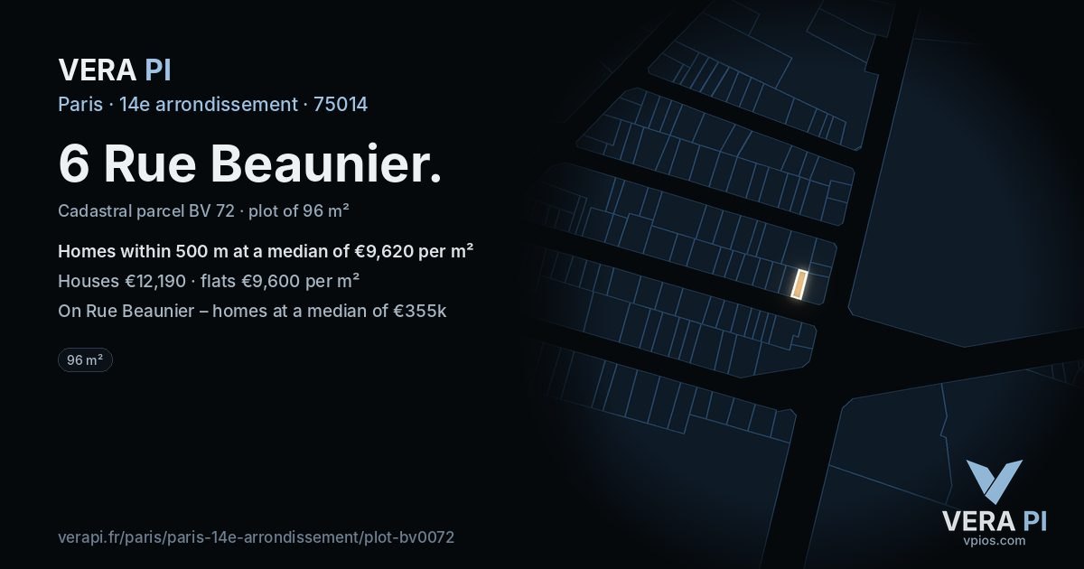 6 Rue Beaunier, 14e arrondissement at night – the plot lit, the parcels around coloured by the prices near them