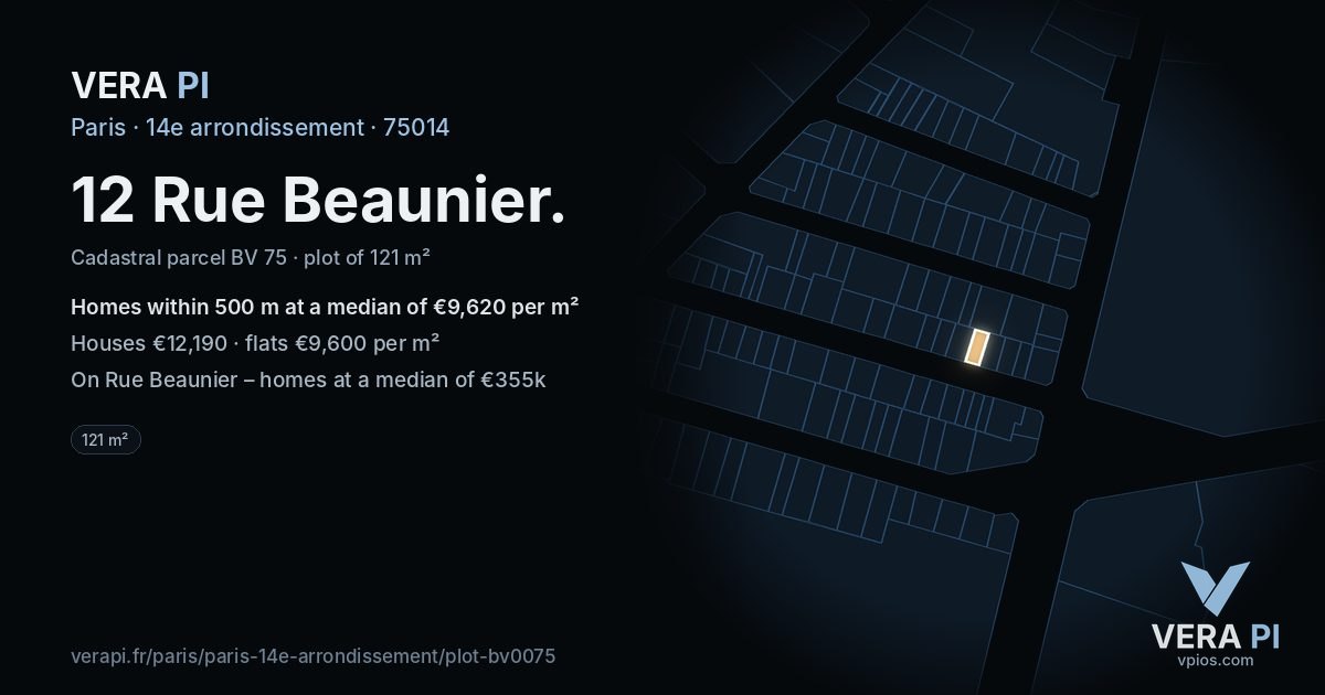 12 Rue Beaunier, 14e arrondissement at night – the plot lit, the parcels around coloured by the prices near them