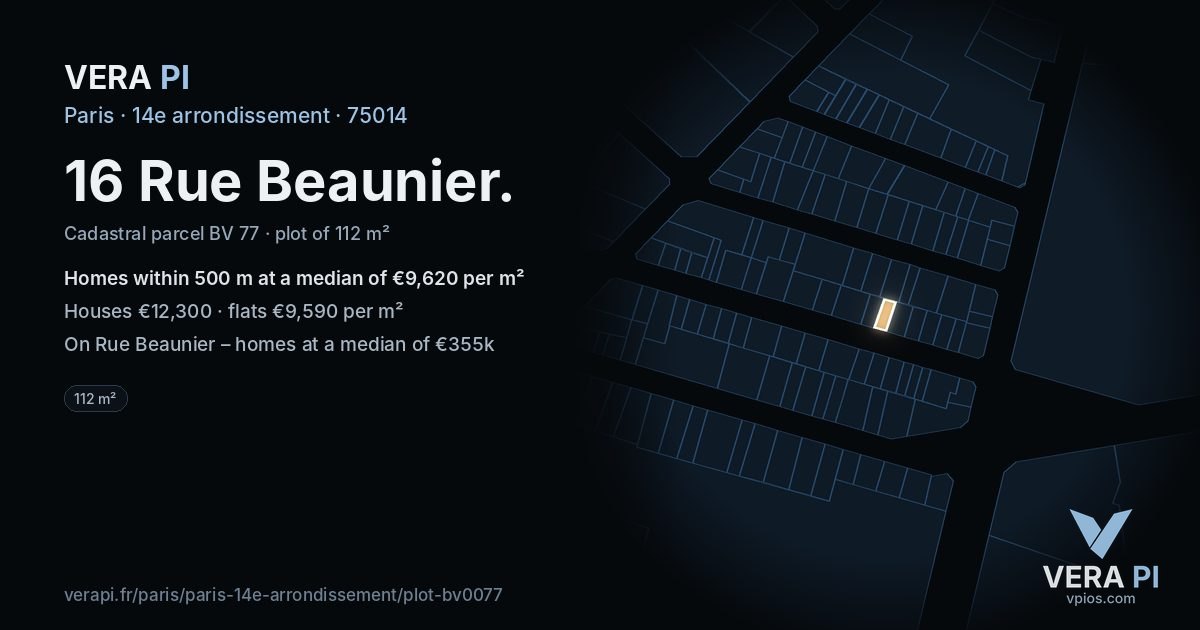 16 Rue Beaunier, 14e arrondissement at night – the plot lit, the parcels around coloured by the prices near them