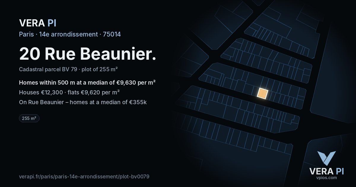 20 Rue Beaunier, 14e arrondissement at night – the plot lit, the parcels around coloured by the prices near them