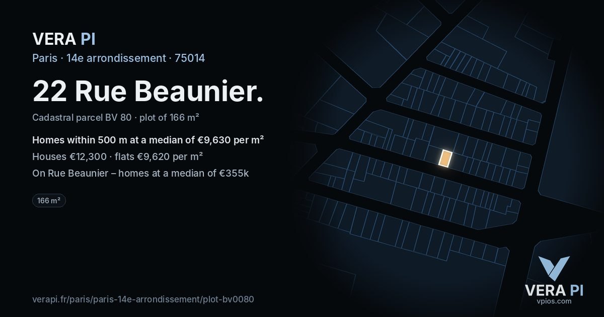 22 Rue Beaunier, 14e arrondissement at night – the plot lit, the parcels around coloured by the prices near them