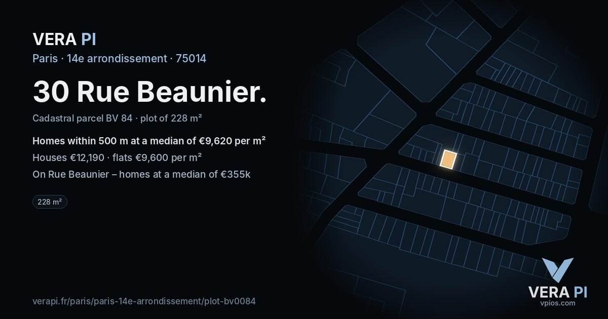 30 Rue Beaunier, 14e arrondissement at night – the plot lit, the parcels around coloured by the prices near them