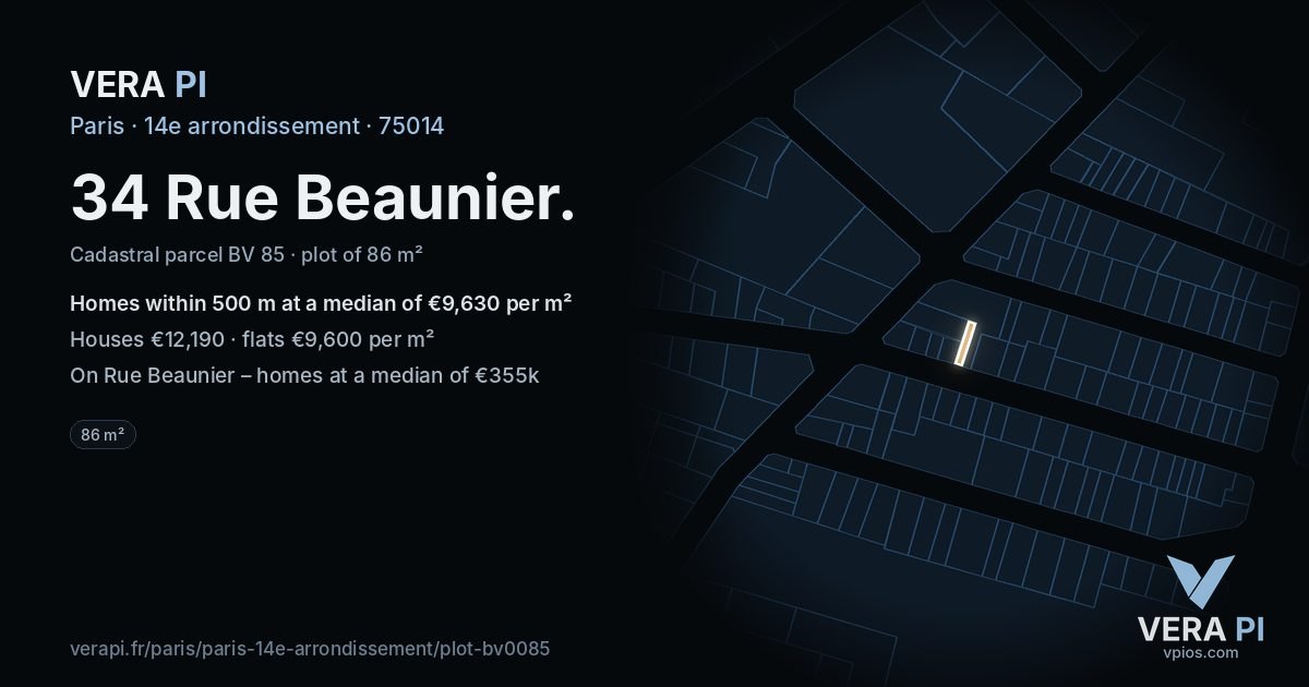 34 Rue Beaunier, 14e arrondissement at night – the plot lit, the parcels around coloured by the prices near them