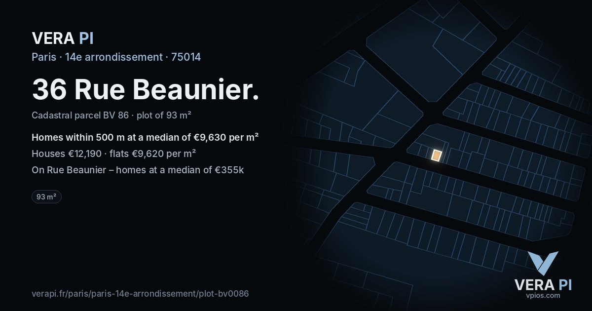 36 Rue Beaunier, 14e arrondissement at night – the plot lit, the parcels around coloured by the prices near them