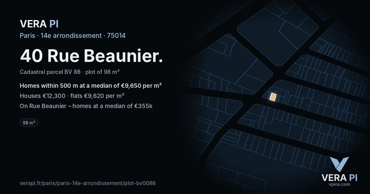 40 Rue Beaunier, 14e arrondissement at night – the plot lit, the parcels around coloured by the prices near them