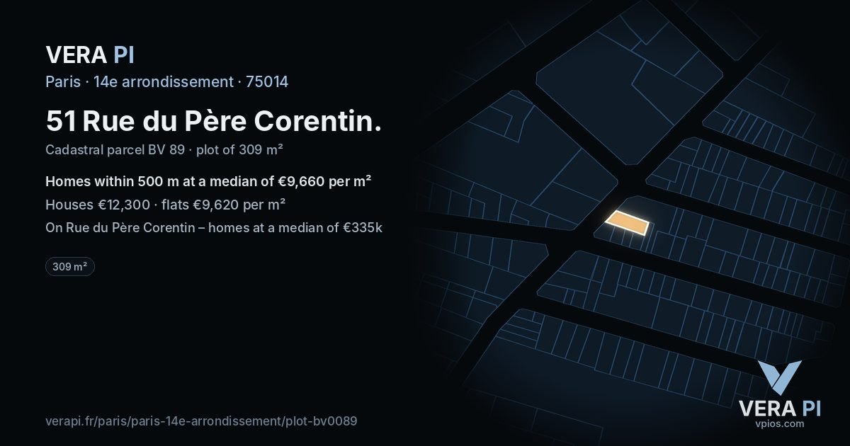51 Rue du Père Corentin, 14e arrondissement at night – the plot lit, the parcels around coloured by the prices near them