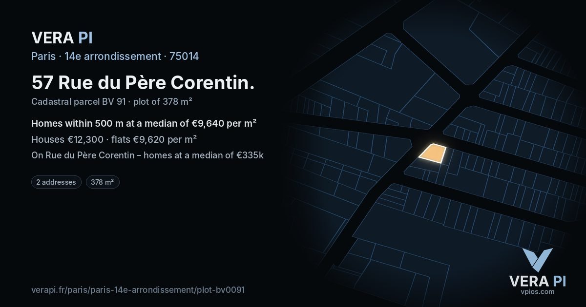 57 Rue du Père Corentin, 14e arrondissement at night – the plot lit, the parcels around coloured by the prices near them