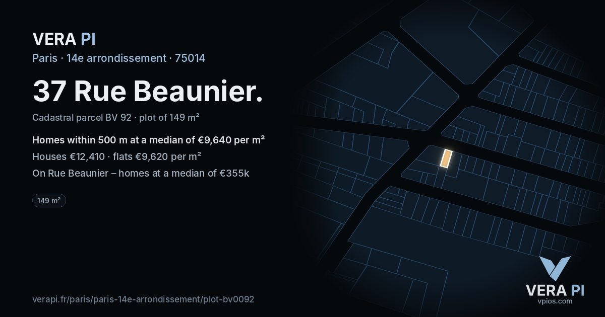 37 Rue Beaunier, 14e arrondissement at night – the plot lit, the parcels around coloured by the prices near them