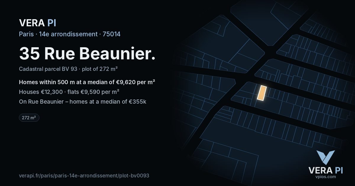 35 Rue Beaunier, 14e arrondissement at night – the plot lit, the parcels around coloured by the prices near them