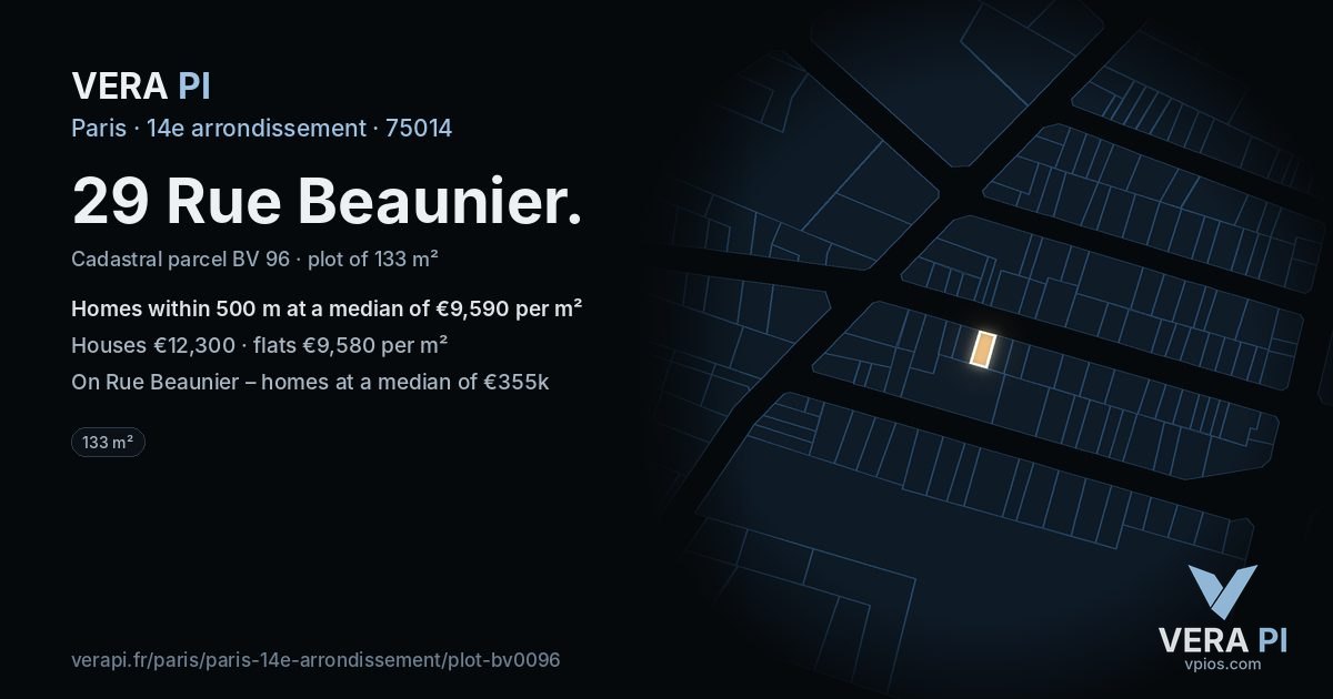 29 Rue Beaunier, 14e arrondissement at night – the plot lit, the parcels around coloured by the prices near them