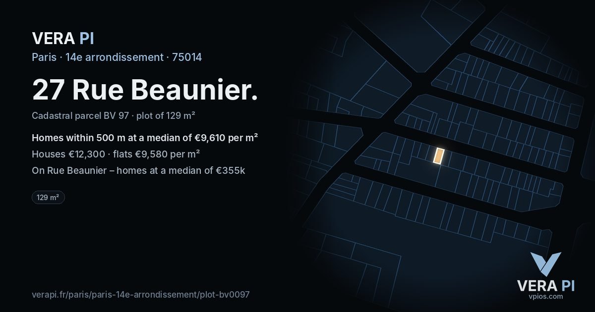 27 Rue Beaunier, 14e arrondissement at night – the plot lit, the parcels around coloured by the prices near them