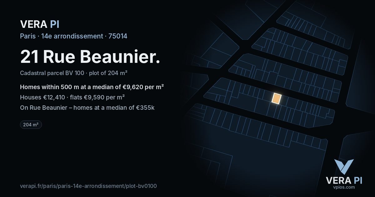 21 Rue Beaunier, 14e arrondissement at night – the plot lit, the parcels around coloured by the prices near them