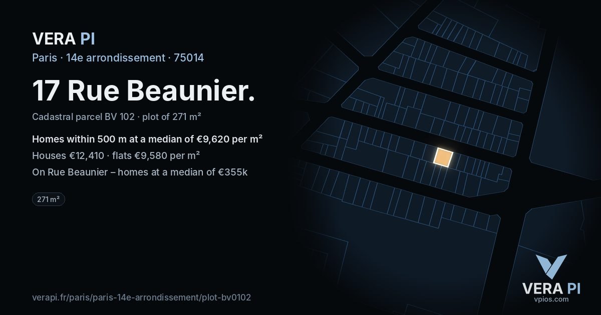17 Rue Beaunier, 14e arrondissement at night – the plot lit, the parcels around coloured by the prices near them