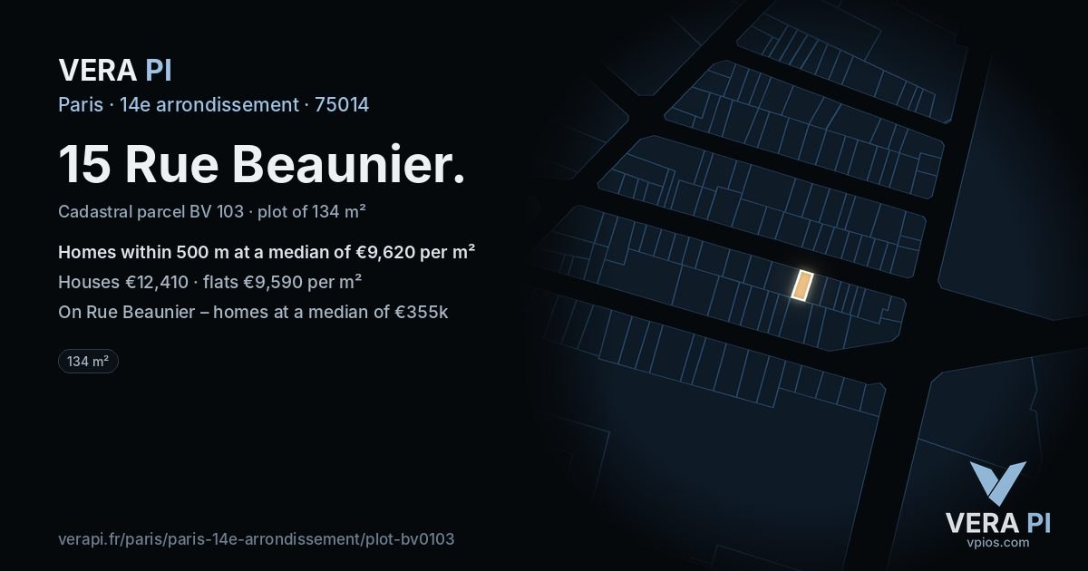 15 Rue Beaunier, 14e arrondissement at night – the plot lit, the parcels around coloured by the prices near them