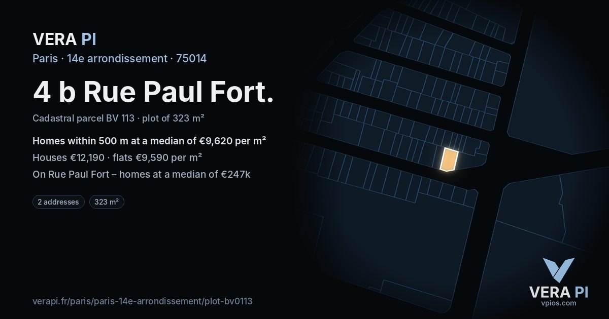 4 b Rue Paul Fort, 14e arrondissement at night – the plot lit, the parcels around coloured by the prices near them