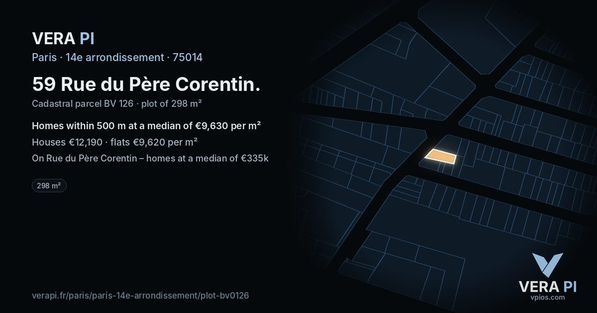 59 Rue du Père Corentin, 14e arrondissement at night – the plot lit, the parcels around coloured by the prices near them