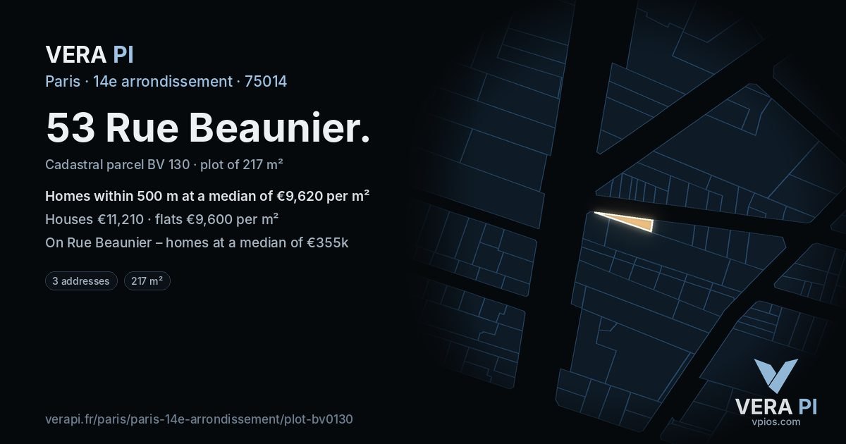 53 Rue Beaunier, 14e arrondissement at night – the plot lit, the parcels around coloured by the prices near them