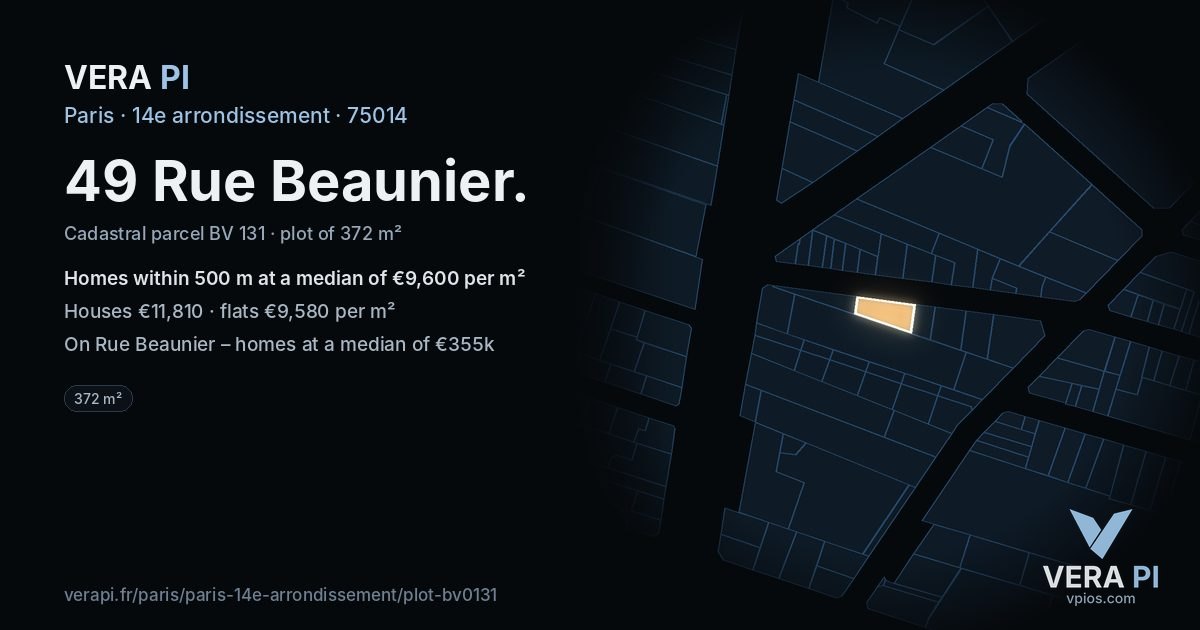 49 Rue Beaunier, 14e arrondissement at night – the plot lit, the parcels around coloured by the prices near them