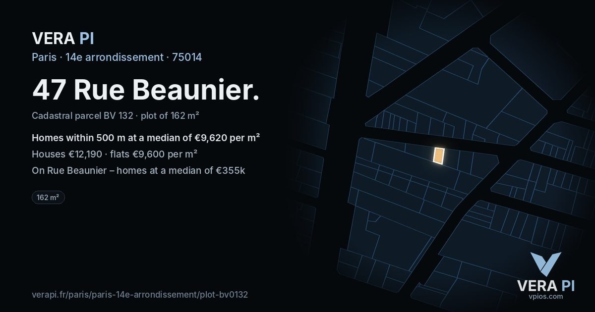 47 Rue Beaunier, 14e arrondissement at night – the plot lit, the parcels around coloured by the prices near them