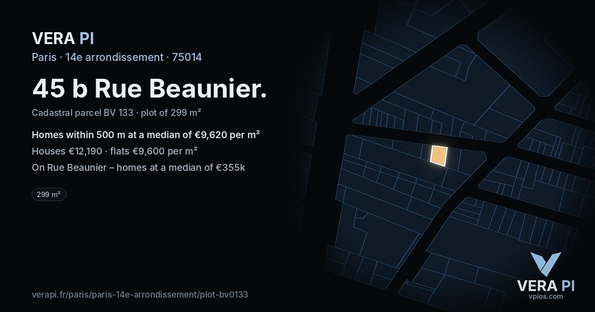 45 b Rue Beaunier, 14e arrondissement at night – the plot lit, the parcels around coloured by the prices near them