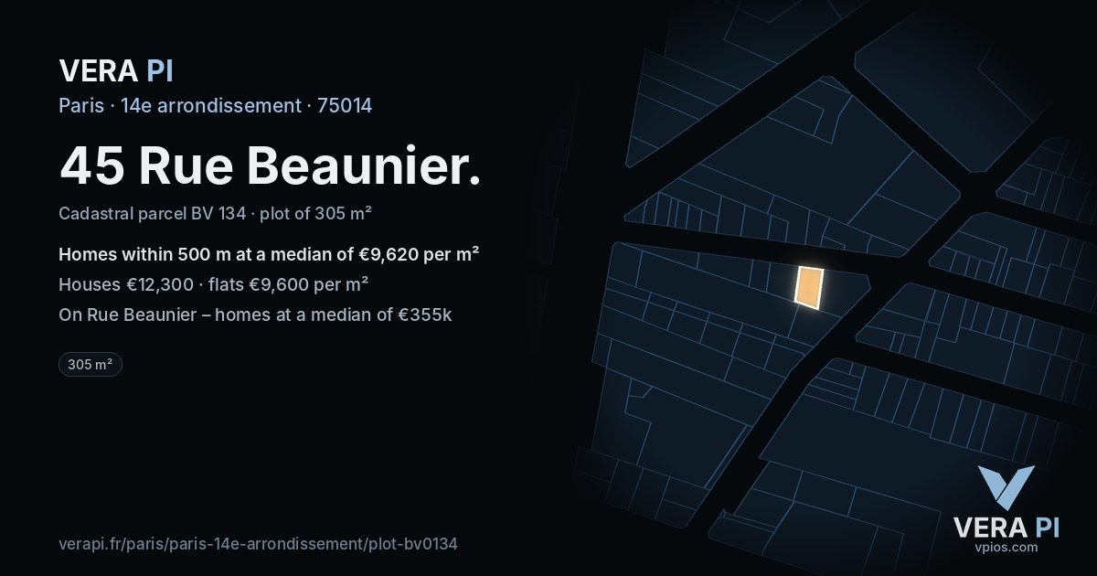 45 Rue Beaunier, 14e arrondissement at night – the plot lit, the parcels around coloured by the prices near them
