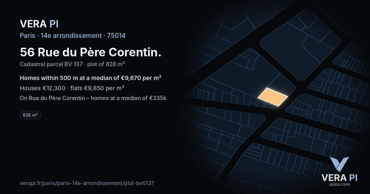 56 Rue du Père Corentin, 14e arrondissement at night – the plot lit, the parcels around coloured by the prices near them