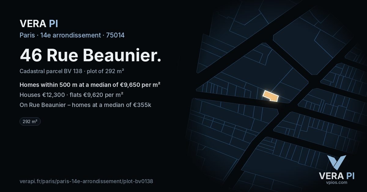 46 Rue Beaunier, 14e arrondissement at night – the plot lit, the parcels around coloured by the prices near them