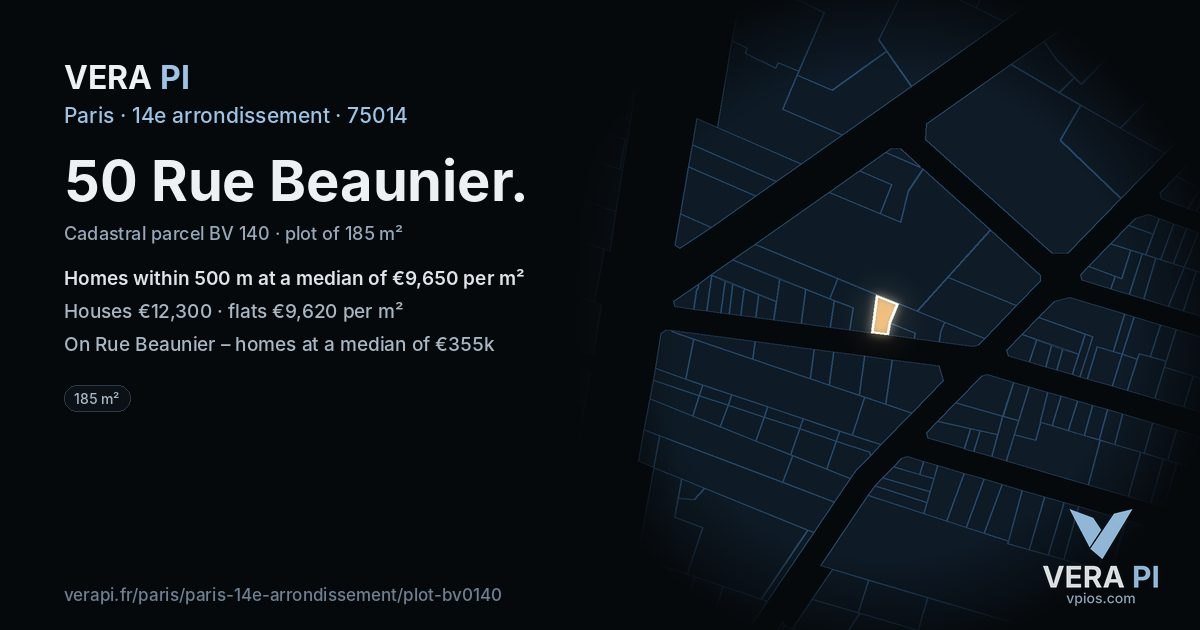 50 Rue Beaunier, 14e arrondissement at night – the plot lit, the parcels around coloured by the prices near them